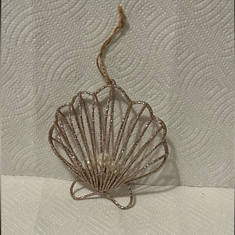 Nautical Theme Glitter Shell Ornament With Hanging Loop & 3 Pearls Inside